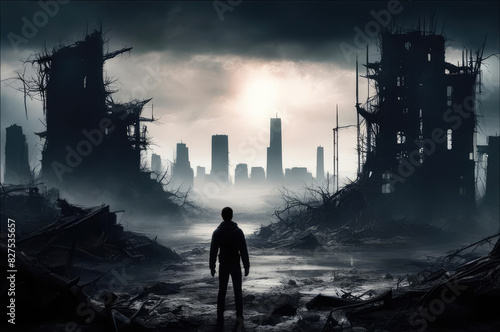 Artistic Illustration of a Man Navigating an Apocalyptic Landscape