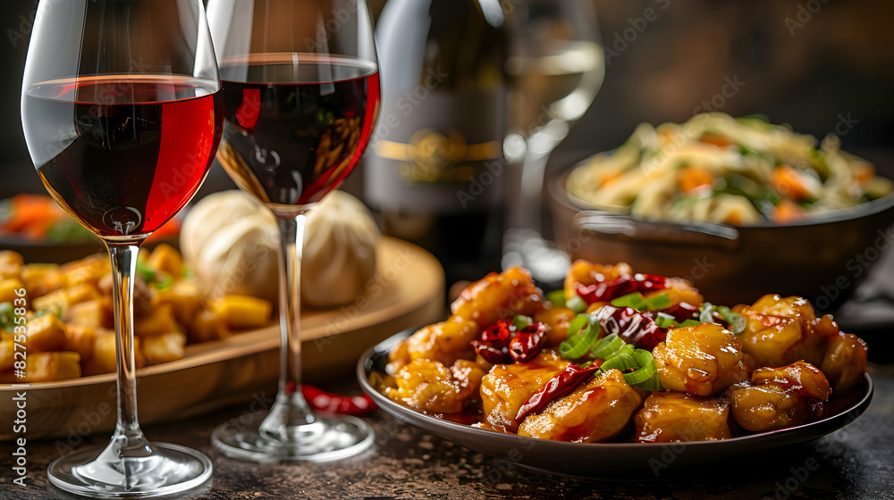 Wine Pairing with Asian Cuisine: High Resolution Photo Realistic Image Showcasing Delicate Flavors, Intricate Dishes, and Glossy Backdrop for Concepts of Asian Cuisine and Wine Pai