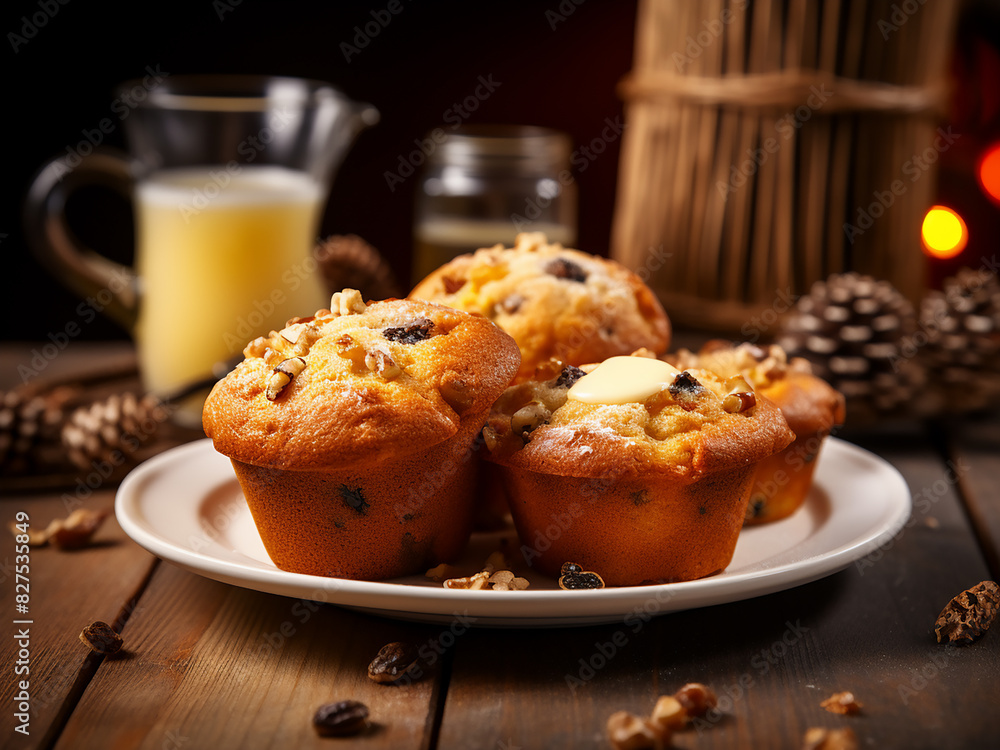 Plate of Christmas cookie muffins, honey, and milk on table