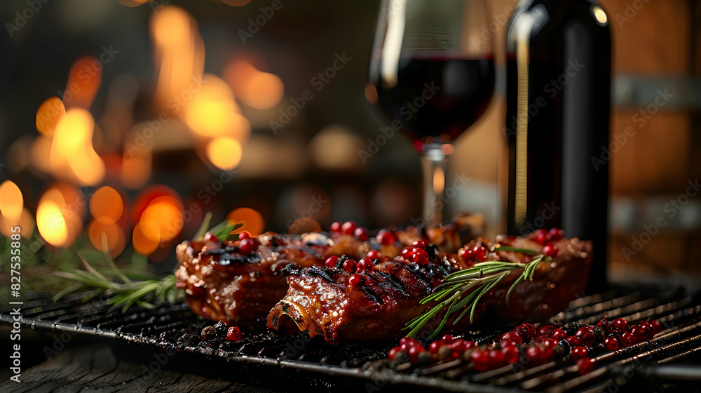 Photo realistic Wine pairing with BBQ concept: High resolution image showcasing the smoky flavors of barbecue dishes paired with wine on a glossy backdrop   Stock Photo Concept