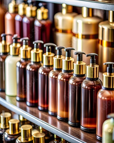 A captivating array of hair care cosmetics elegantly displayed on a store shelf. The collection, featuring various bottles of different sizes and designs. photo