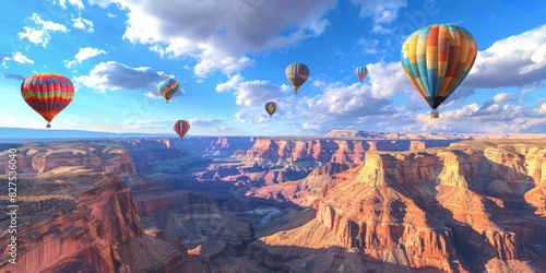 Hot air balloon rises very high in blue sky above white clouds, bright sun shines. A group of hot air balloons flying over a canyon. High quality photo