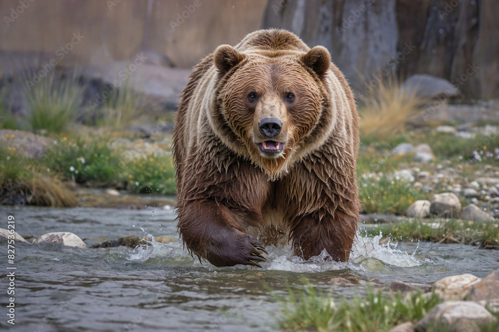 Grizzly brown Bear walking in Water Green Grass Grizzly brown Bear walking in Water Green Grass