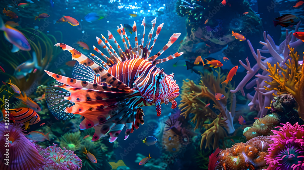 Obraz premium A vibrant coral reef explodes with color, teeming with life. At the center of the scene, a regal lionfish, its fins adorned with bioluminescent stripes, strums a miniature guitar fashioned from a
