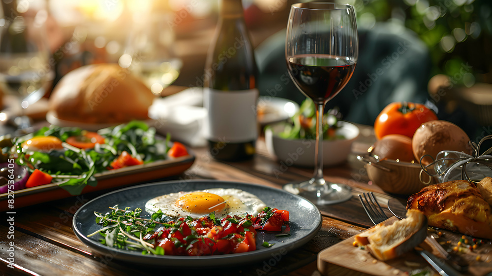 Exquisite Wine Pairing with Brunch: High Resolution Image of Fresh Brunch Dishes Harmoniously Paired with Wine on a Glossy Backdrop, Showcasing Vibrant Flavors   Photo Realistic Co