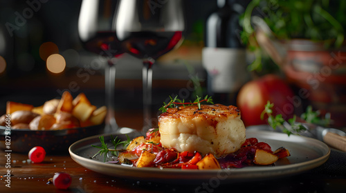Photo realistic Wine Pairing with Comfort Food  High resolution image of a glossy backdrop showcasing the warm flavors of comfort dishes paired with wine