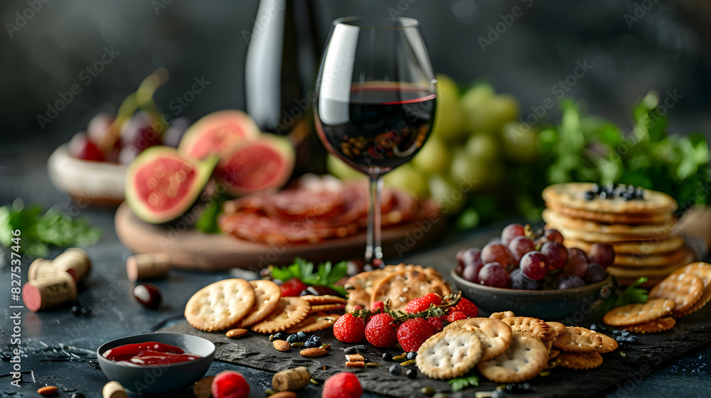 Wine Pairing with Gourmet Snacks: Elegant and Flavorful Combinations in High Resolution Photo Realistic Image with Glossy Backdrop on Adobe Stock