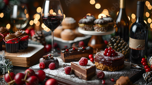 Wine Pairing with Holiday Desserts: Sweet and Festive Flavors Captured in High Resolution Photo Realistic Image with Glossy Backdrop on Adobe Stock