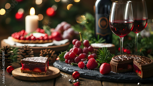 Wine pairing with holiday desserts: Sweet and festive flavors captured in high resolution image with a glossy backdrop Photo Realistic Concept