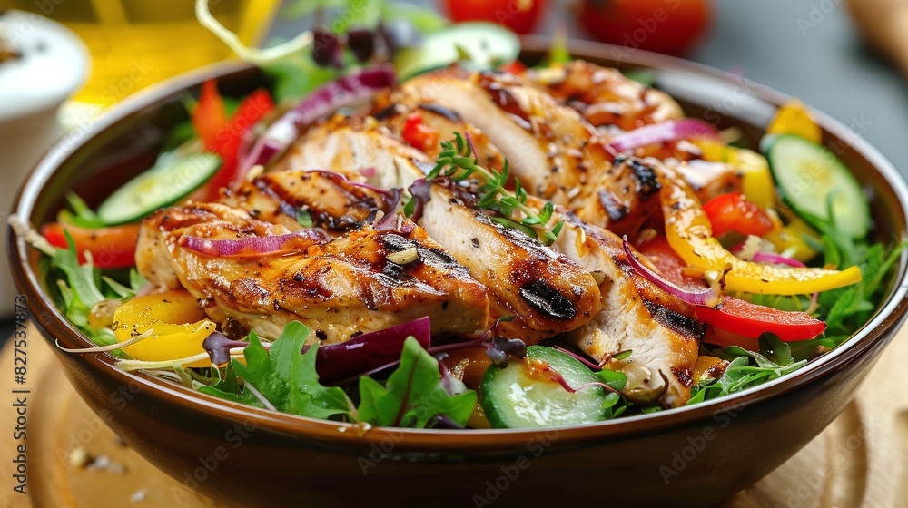 Traditional healthy grilled chicken caesar salad with cheese, tomatoes, and croutons on wooden table over black background. Serving fancy food in a restaurant. Traditional healthy grilled chicken caesar salad with cheese, tomatoes, and croutons on wooden table over black background. Serving fancy food in a restaurant.