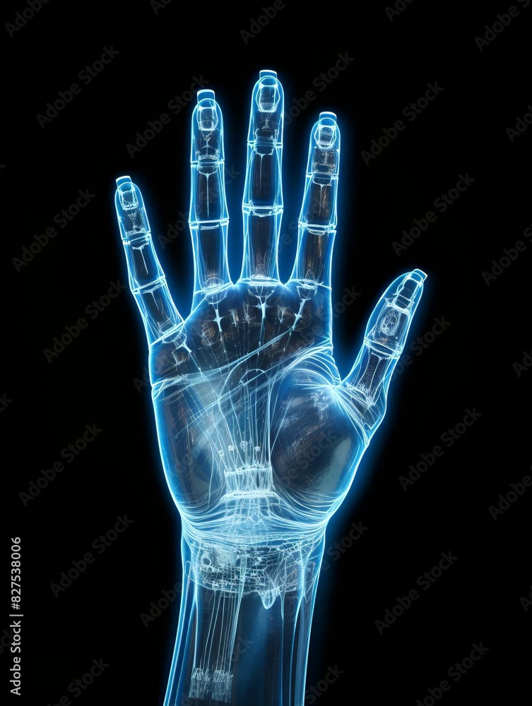 Naklejka premium Xray image of a human hand, symbolizing medical analysis close up, concept of diagnosis, realistic, double exposure, medical backdrop