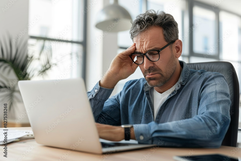 A man is sitting at a desk with a laptop and a cell phone A man is sitting at a desk with a laptop and a cell phone