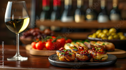 Exquisite Wine Pairing with Tapas: High Resolution Image of Diverse and Flavorful Tapas Paired with Wine on a Glossy Backdrop Perfect Concept for Photo Stock