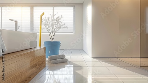 White cleaning tools, soft blue bucket, modern wooden lackluster floor
 photo