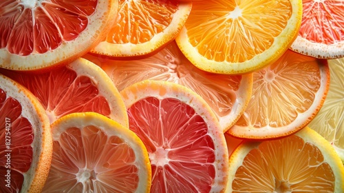 Fototapeta Naklejka Na Ścianę i Meble -  A minimalist image capturing tangy delights, with slices of assorted citrus fruits arranged in a geometric pattern. The vibrant colors and dynamic shapes evoke a sense of freshness and vitality,