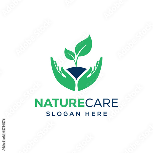 Seedling Logo design. Leaf and hand, care nature logo design