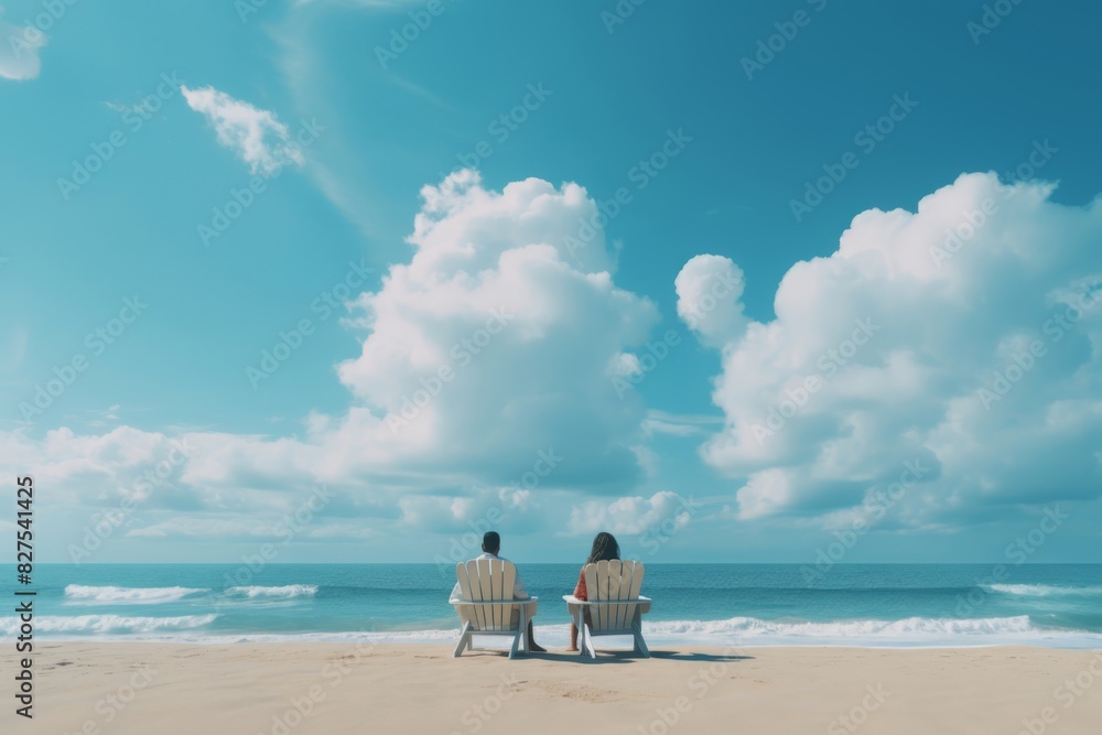 A back of tourist sitting on a golden sand beach looking at the sky, cloud watching
