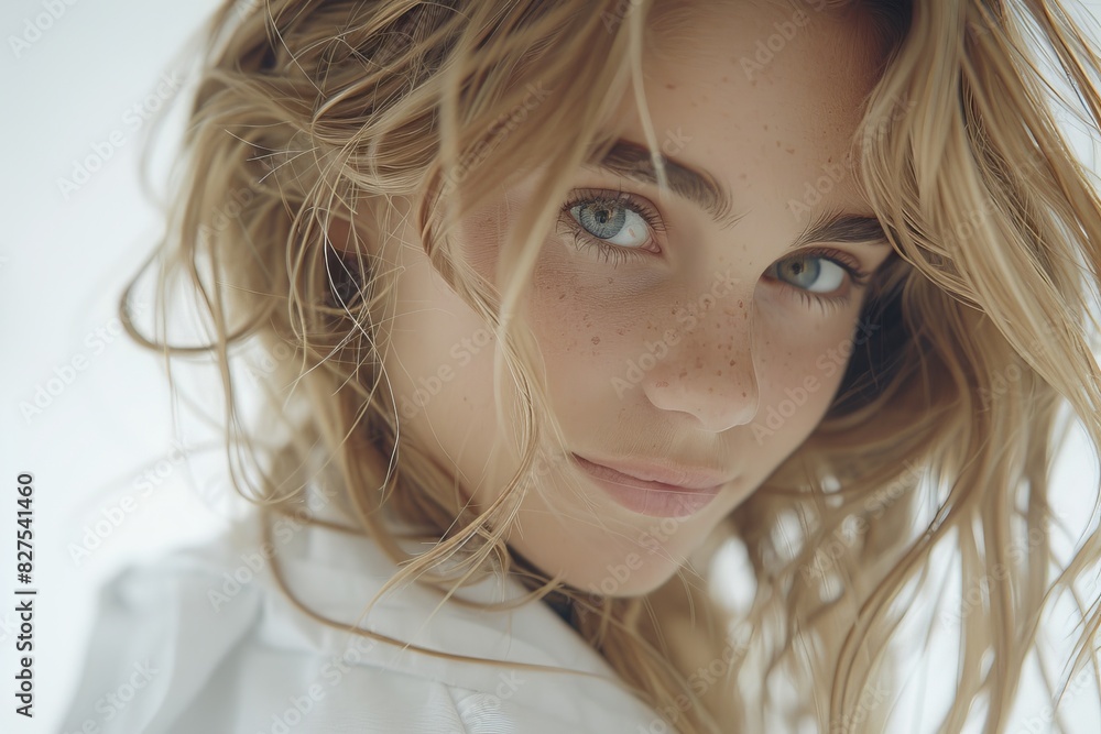 Playful young girl with bright blue eyes and windswept hair, outdoors Playful young girl with bright blue eyes and windswept hair, outdoors