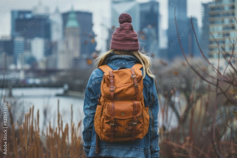 Solitary woman with a backpack looks towards a blurred urban skyline from a tranquil natural setting