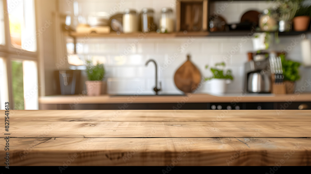 Empty wooden tabletop on blurred rustic kitchen background for mockups. Natural day light. Promotion background. Empty wooden tabletop on blurred rustic kitchen background for mockups. Natural day light. Promotion background.