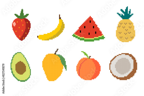 y2k pixel art set of fruit. objects for a pixel game. Vector illustration