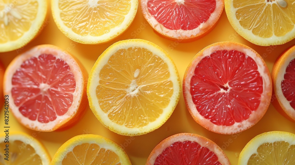 A minimalist image capturing tangy delights, with slices of assorted citrus fruits arranged in a geometric pattern. The vibrant colors and dynamic shapes evoke a sense of freshness and vitality,