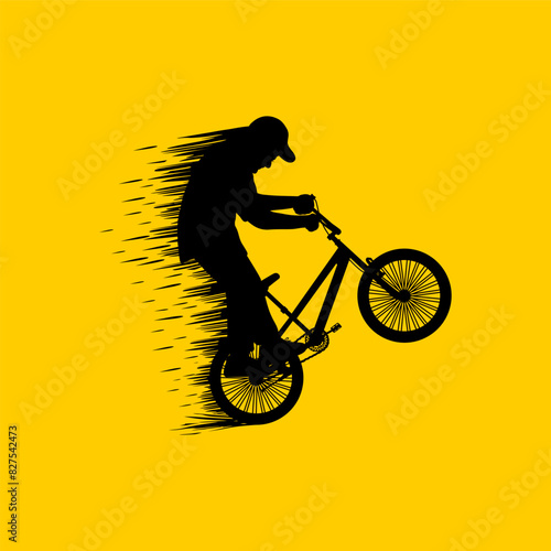 silhouette of a bmx bike freestyler lifting the front tire of his bike at high speed vector illustration © Erwin Setiawann
