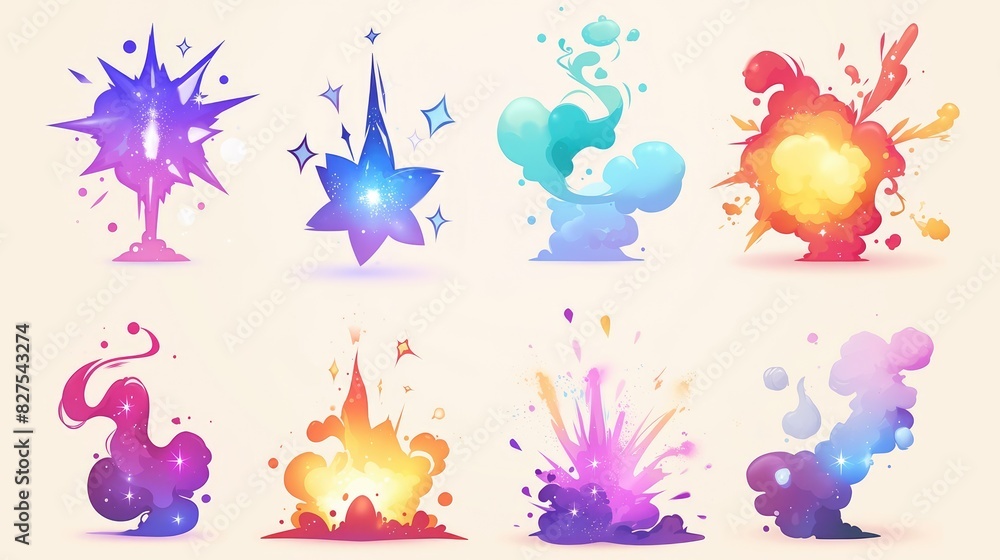 Discover a set of vibrant 2D classic cartoon special effects This collection includes 10 dynamic elements question mark exclamation mark flash span smoke blow multicolored glitter steam sta