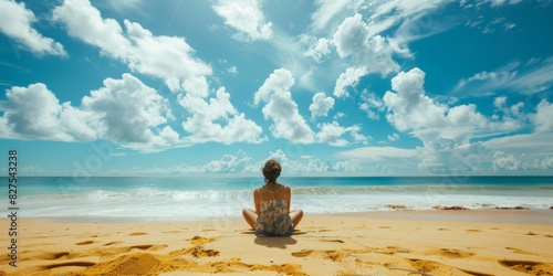 A back of tourist sitting on a golden sand beach looking at the sky, cloud watching 