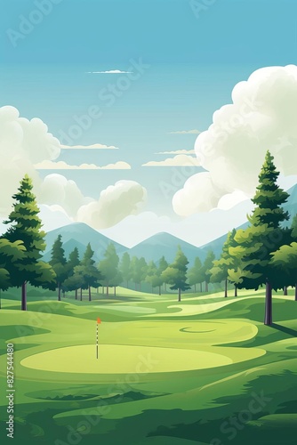 A picturesque golf course with rolling green hills, lush trees, and a clear blue sky.  The perfect setting for a relaxing day on the green.