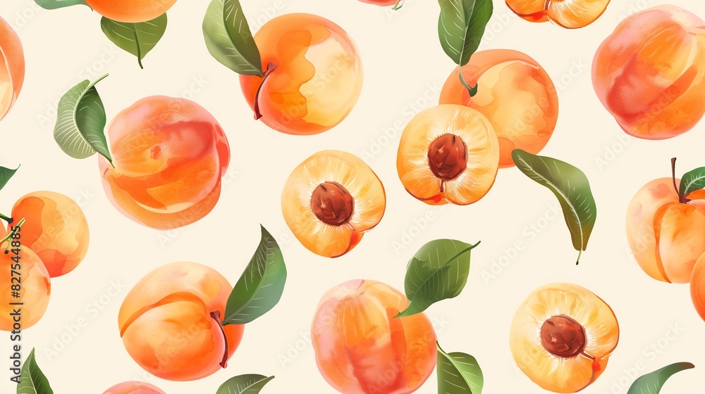 Seamless pattern with drawn apricots with leaves in a watercolor style on a whitish background. Seamless pattern with drawn apricots with leaves in a watercolor style on a whitish background.