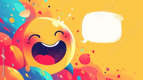 A vibrant emoji bids farewell with a colorful speech bubble in a cartoon rendering © AkuAku