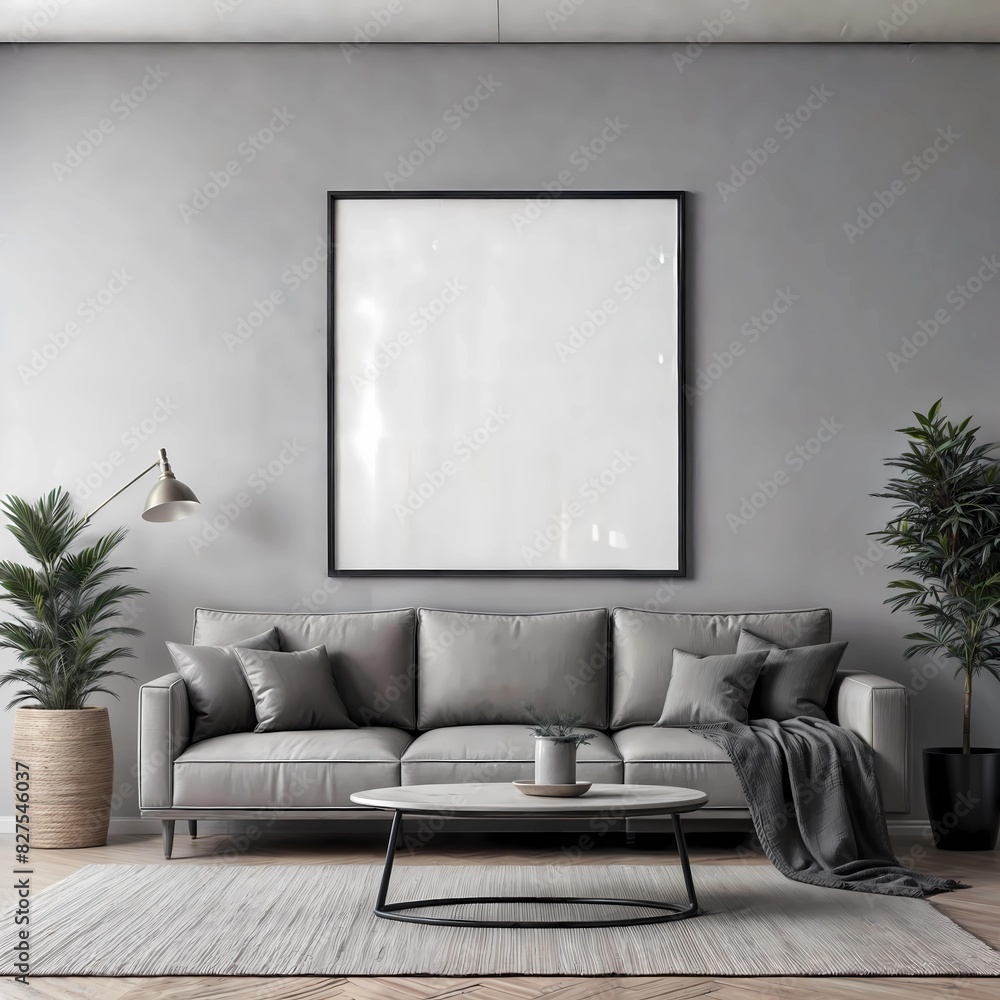 Mockup poster frame on the wall of living room with sofa and table on empty grey wall background- 3D Mockup poster frame on the wall of living room with sofa and table on empty grey wall background- 3D