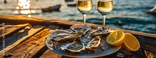 Oysters glasses with wine on the seashore. Selective focus.