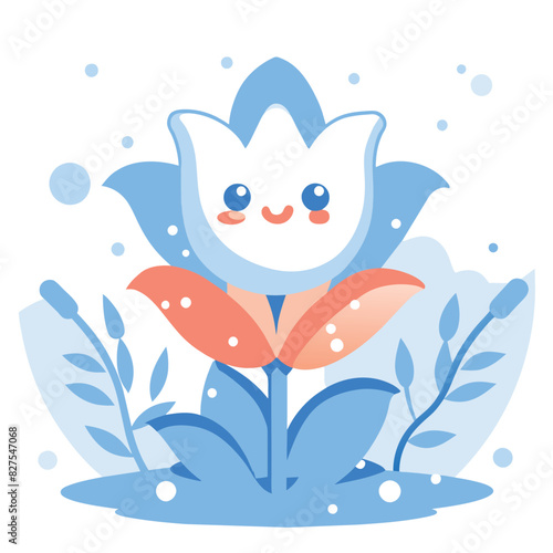 Cute Cartoon Flower with Blue Petals and Orange Stamens