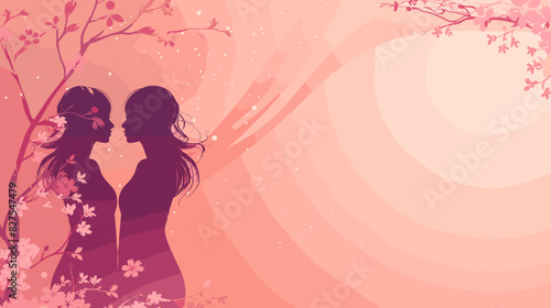 Two Women Silhouettes on Pink Background with Empty Space for Text, Horizontal Banner for Women's Day Celebration and Female Empowerment