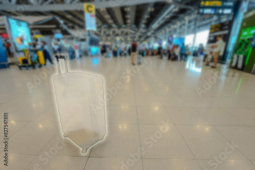 Invisible luggage vanishes at the airport, highlighting the vulnerability of baggage in crowded airport halls. Conceptual imagery of shadow and structure. photo