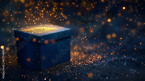 Blue box with magic golden light on dark, generative AI photo