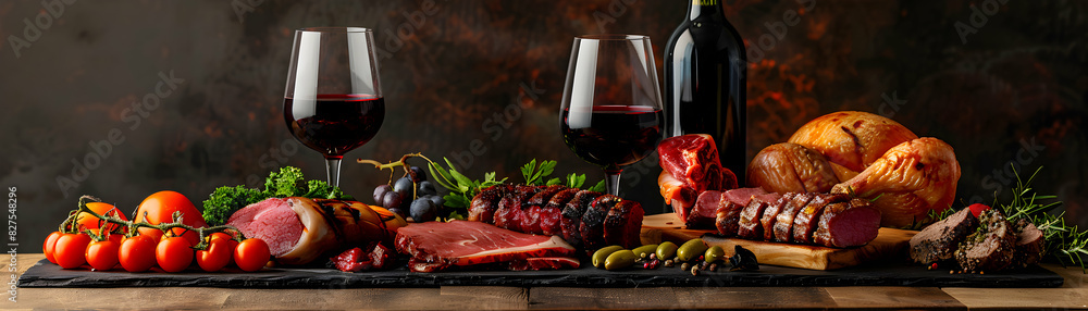 Wine and Meat Pairing: High Resolution Image of Bold Flavors with Robust Wines on Glossy Backdrop
