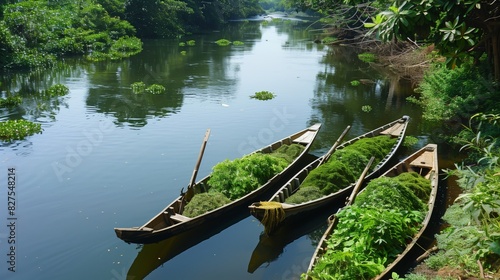 A serene riverside with Ayurvedic boats filled with fresh herbs, ready for holistic transformation. photo