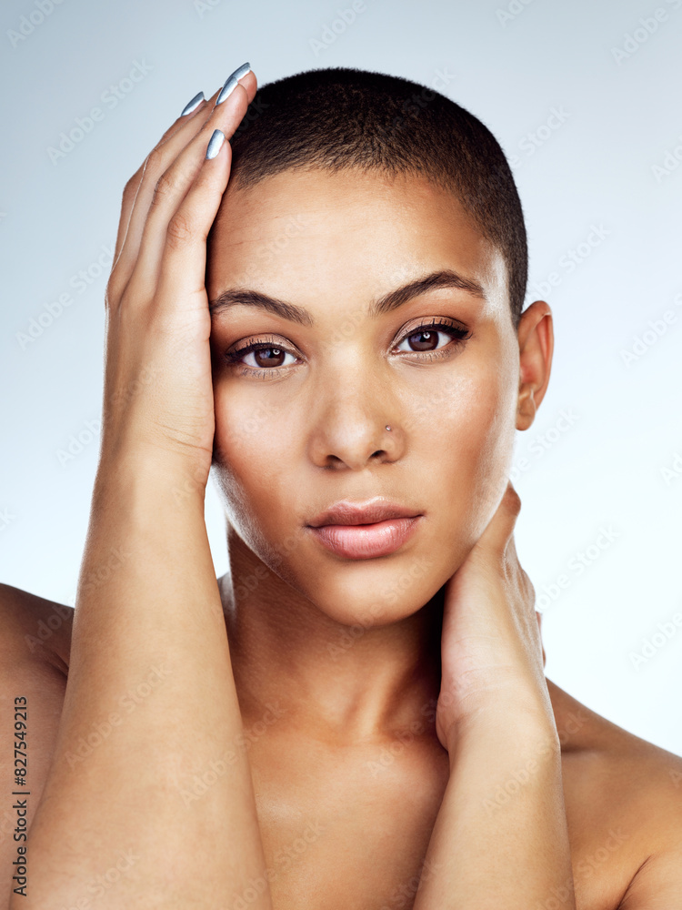 Naklejka premium Beauty, facial and portrait with natural woman in studio on white background for wellness. Aesthetic, cosmetics and glowing skin with face of confident model for dermatology or vitamin c treatment
