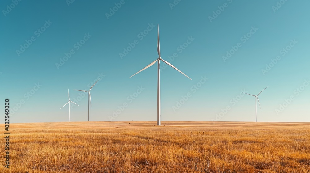 Large wind turbines in field generating renewable energy with copy space under clear sky Large wind turbines in field generating renewable energy with copy space under clear sky