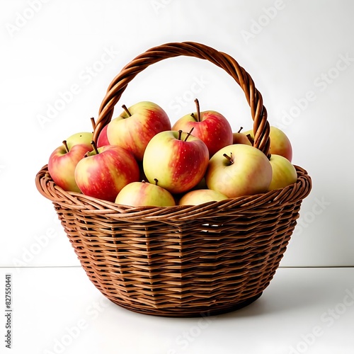 on a white background there is a basket wicker with ripe apples in it