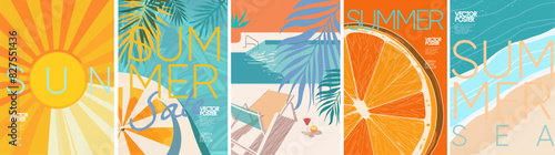 Summer, sun and sale. Vector minimalistic illustration of sun rays, swimming pool with sun lounger and umbrella and tropical palm leaf, orange and sea beach with sand for background, flyer, poster or  © Ardea-studio