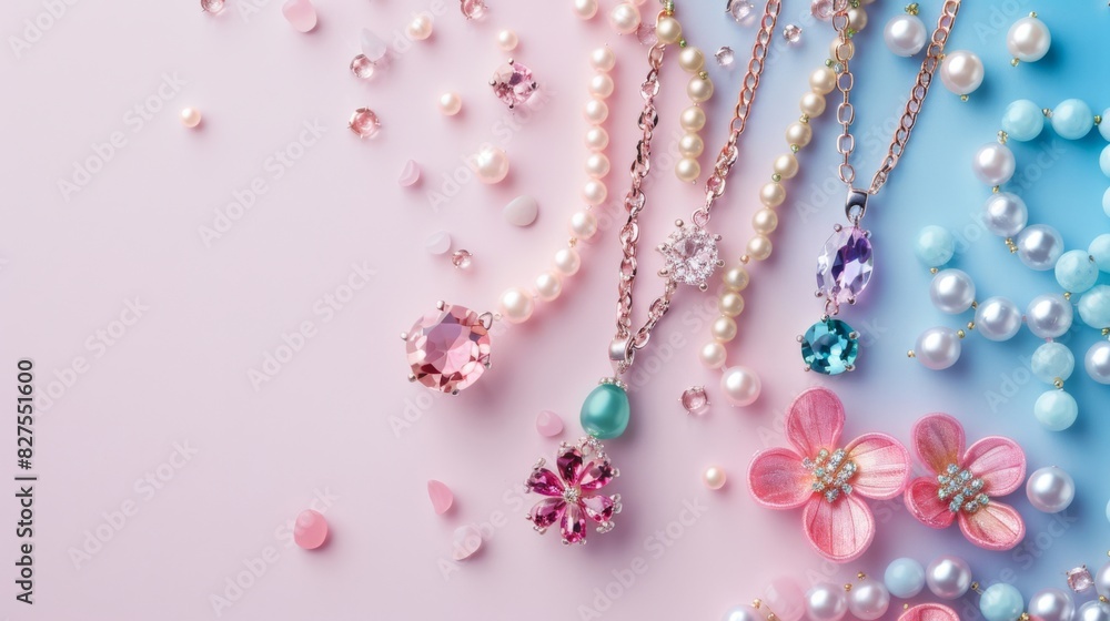 A collection of necklaces and pearls are displayed on a pink background A collection of necklaces and pearls are displayed on a pink background