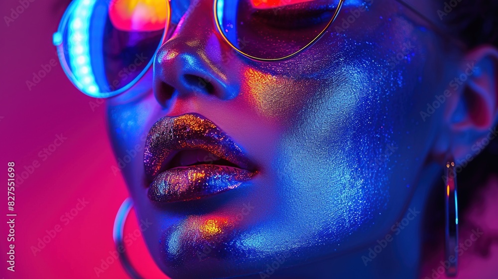 Close-up of a female model for high fashion posing in a studio with metallic silver lip make-up and colorful makeup that exudes the colors of blue and purple uv neon lights. Close-up of a female model for high fashion posing in a studio with metallic silver lip make-up and colorful makeup that exudes the colors of blue and purple uv neon lights.