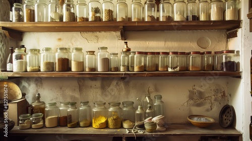 An old apothecary shop filled with Ayurvedic jars exudes ancient wisdom and natural remedies.