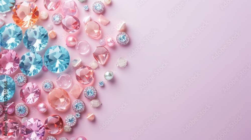 A collection of necklaces and pearls are displayed on a pink background A collection of necklaces and pearls are displayed on a pink background