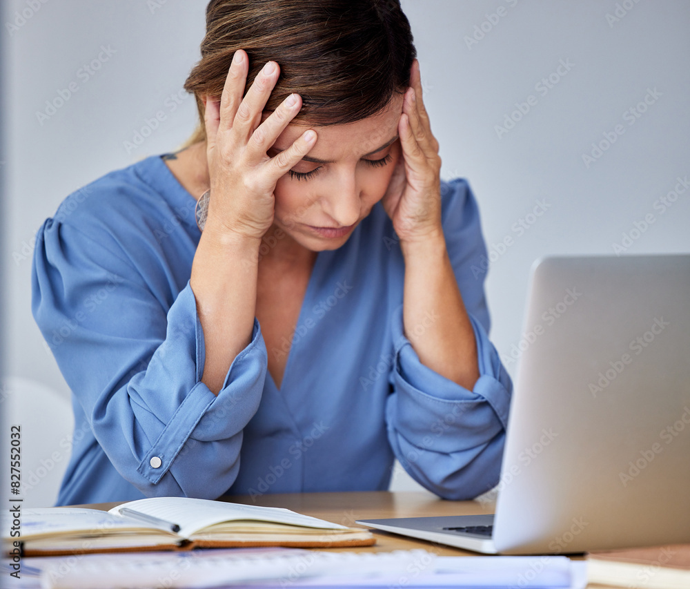 Woman, laptop or screen in office with headache for digital design, mental health or pain at desk. Female person, workplace or computer with hands for stress, problem with website development Woman, laptop or screen in office with headache for digital design, mental health or pain at desk. Female person, workplace or computer with hands for stress, problem with website development