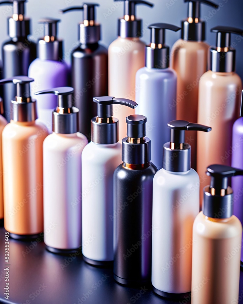A captivating array of hair care cosmetics elegantly displayed on a store shelf. The collection, featuring various bottles of different sizes and designs. A captivating array of hair care cosmetics elegantly displayed on a store shelf. The collection, featuring various bottles of different sizes and designs.